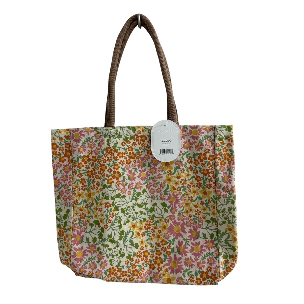 Eccolo Floral Canvas Tote Bag Reusable Shopper with Inner Pocket NWT